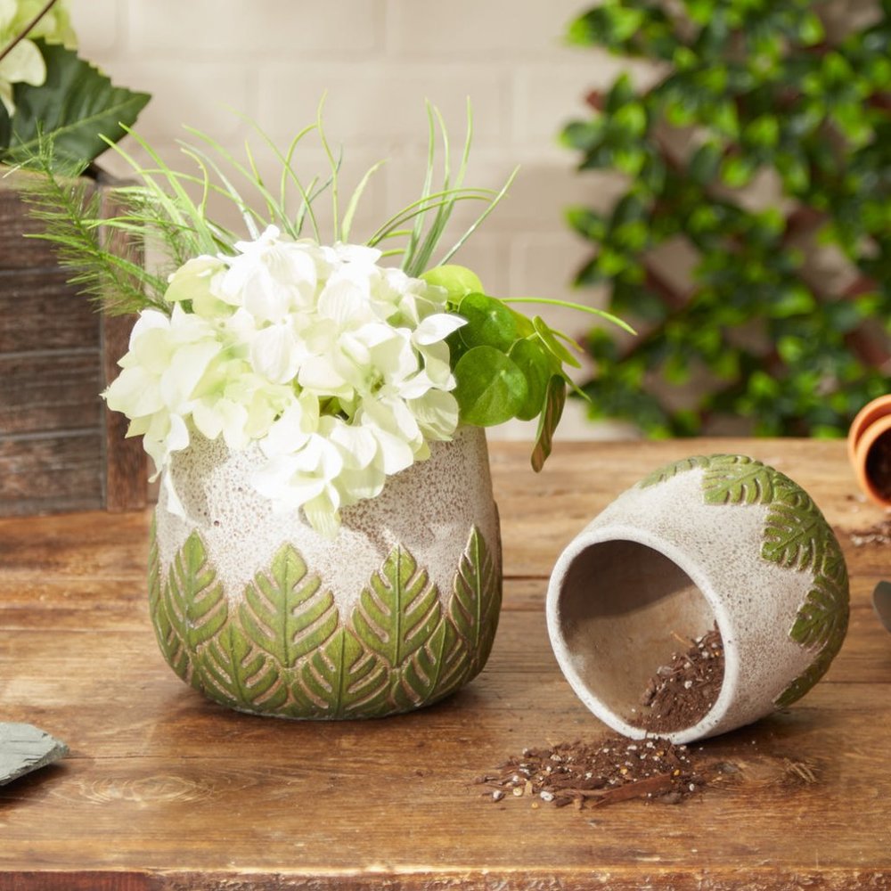 Cement Flower Pot Set - Green Leaves